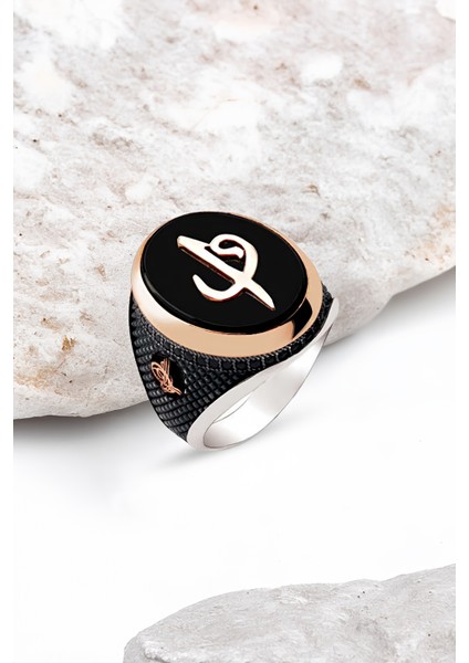 Gümüş Siyah Onix Taşlı İşlemeli Erkek Yüzük