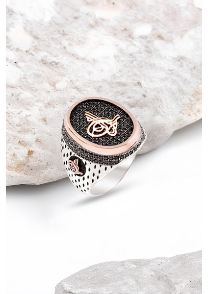 Gümüş Zirkon Taşlı Osmanlı Tuğralı İşlemeli Erkek Yüzük