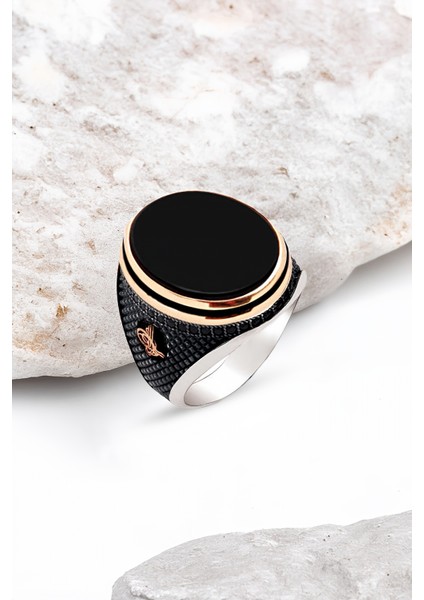 Gümüş Siyah Onix Taşlı İşlemeli Erkek Yüzük