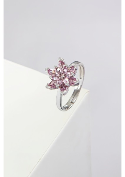 Ametist Taşlı Rodyumlu Ayarlanabilir Lotus Gümüş Bayan Yüzük