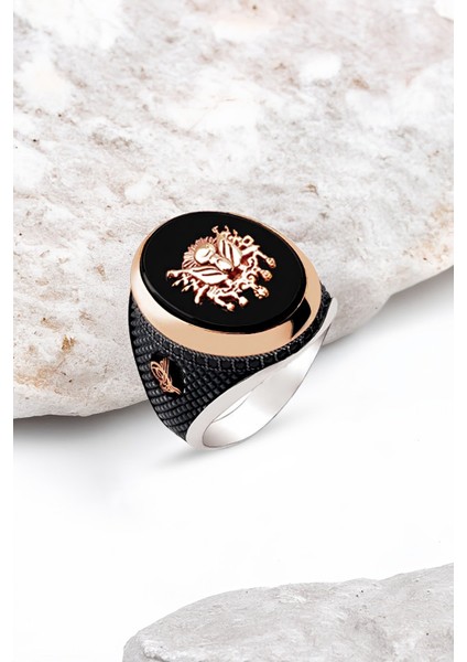 Gümüş Siyah Onix Taşlı İşlemeli Erkek Yüzük