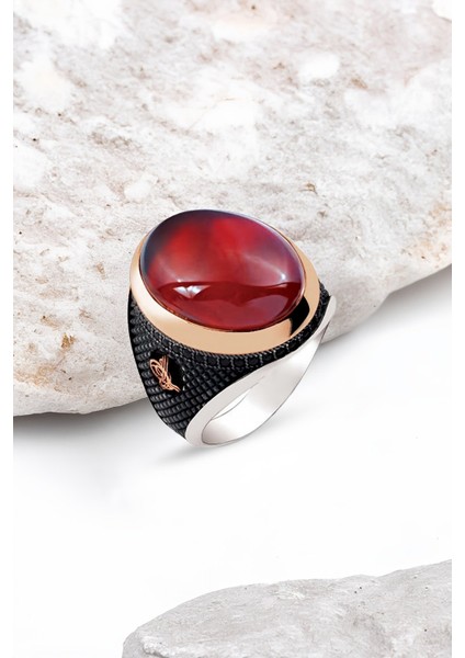 Gümüş Akik Kapşon Taşlı Osmanlı Tuğralı İşlemeli Erkek Yüzük