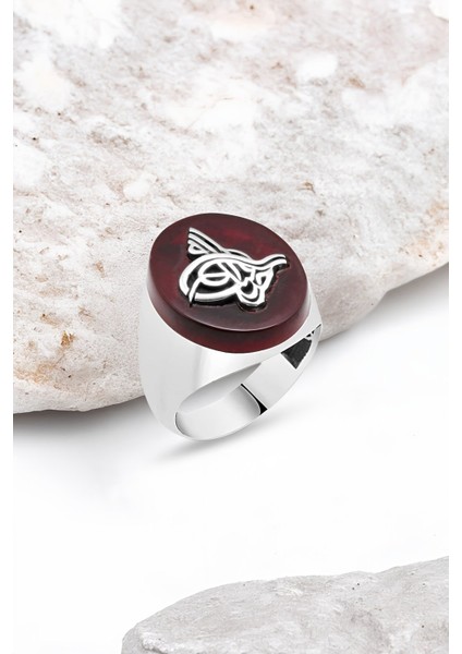 Akik Taşlı Tuğralı Gümüş Erkek Yüzük