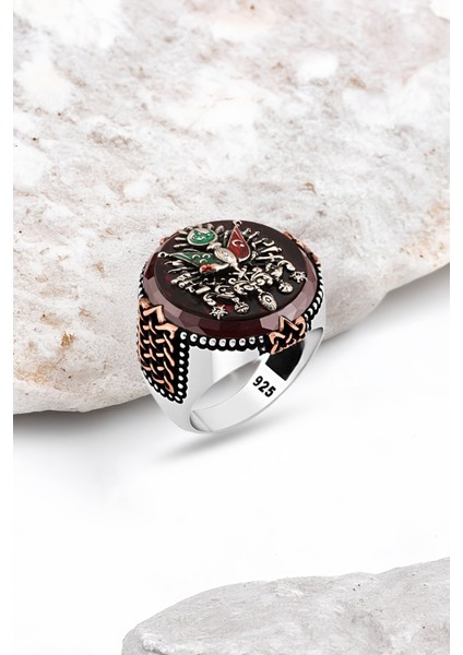 Akik Taşlı Osmanlı Devlet Armalı Gümüş Erkek Yüzük