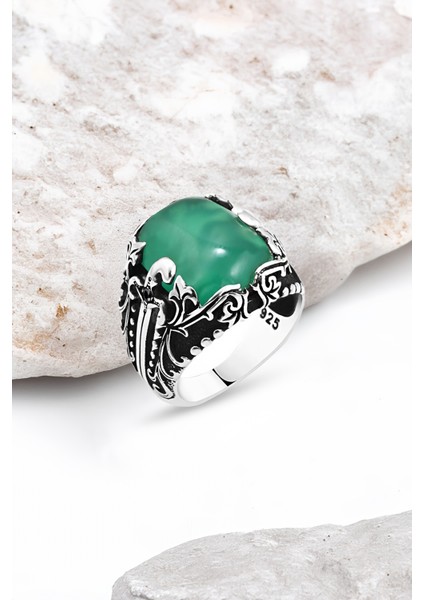 Yeşil Akik Taşlı Gümüş Erkek Yüzük