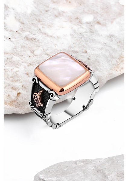 Düz Sedef Taşlı Gümüş Erkek Yüzük