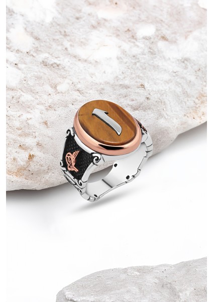 Kaplan Gözü Taş Üzeri Elif Yazılı Gümüş Erkek Yüzük