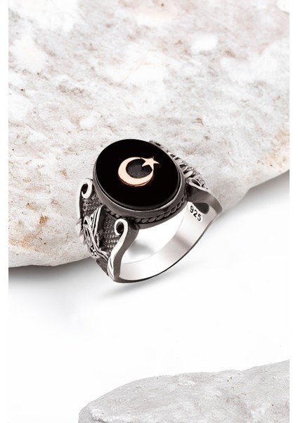 Gümüş Onix Taş Üstü Ay Yıldız Temalı Erkek Yüzük