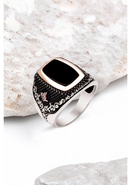 Gümüş Onix Taşlı Yanları Osmanlı Tuğralı Erkek Yüzük