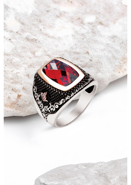 Gümüş Fasetli Garnet Zirkon Taşlı Yanları Osmanlı Tuğralı Erkek Yüzük