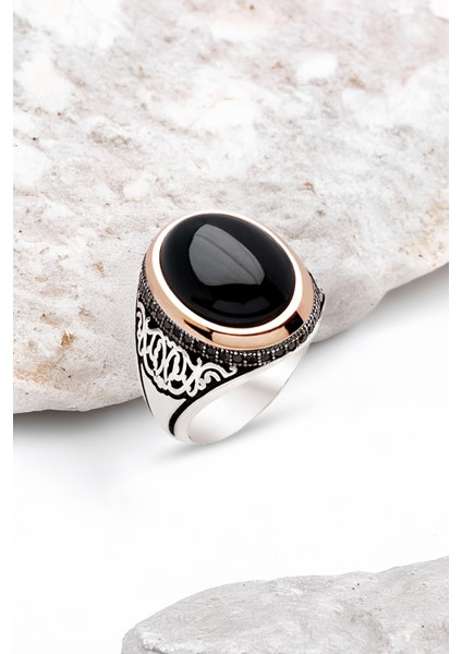 Gümüş Siyah Kapşon Taşlı Erkek Yüzük