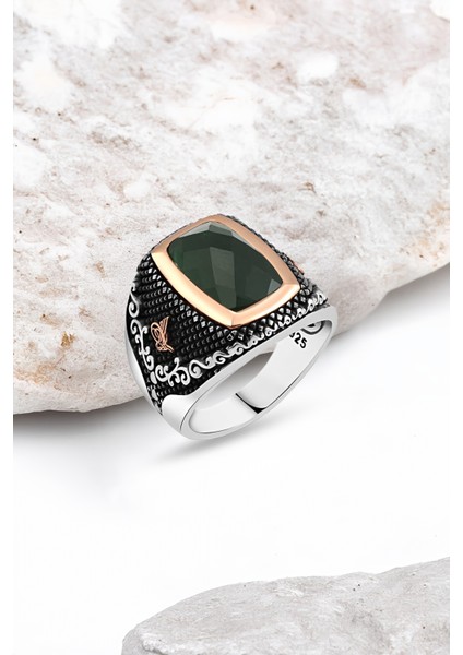 Kesme Yeşil Zirkon Taşlı Gümüş Erkek Yüzük