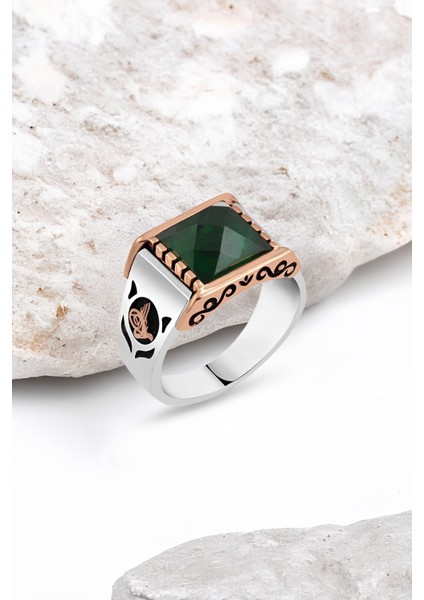 Kesme Yeşil Zirkon Taşlı Gümüş Erkek Yüzük