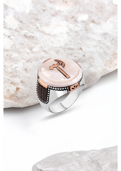 Sedef Taşlı Baltalı Gümüş Erkek Yüzük