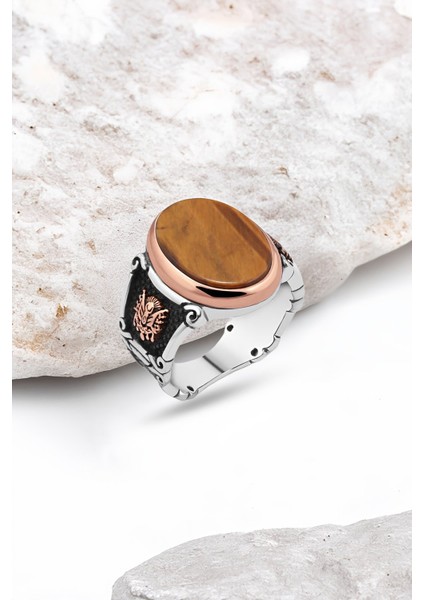 Düz Kaplan Gözü Taşlı Gümüş Erkek Yüzük