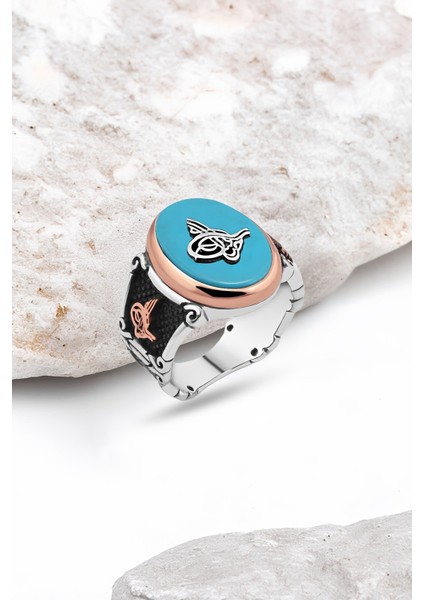 Turkuaz Taş Üzeri Tuğralı Gümüş Erkek Yüzük