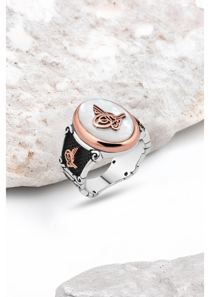 Sedef Taşlı Üzeri Tuğralı Gümüş Erkek Yüzük