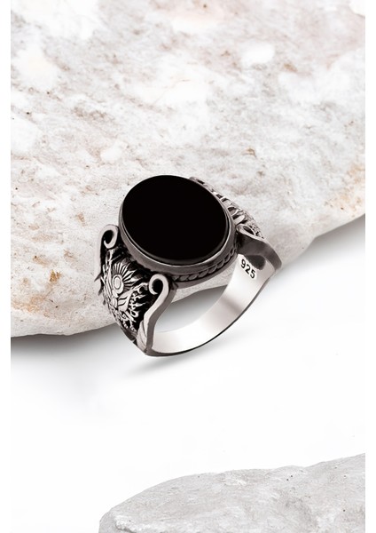 Gümüş Onix Taşlı Osmanlı Armalı Erkek Yüzük