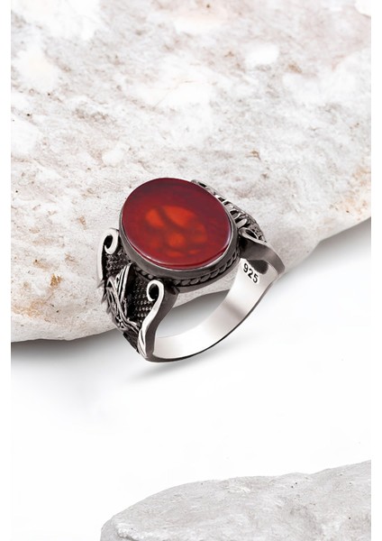 Gümüş Akik Taşlı Osmanlı Armalı Erkek Yüzük