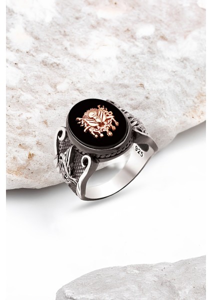 Gümüş Onix Taşlı Osmanlı Armalı Erkek Yüzük