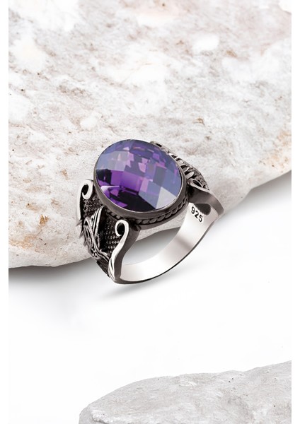 Gümüş Fasetli Ametist Taşlı Osmanlı Armalı Erkek Yüzük