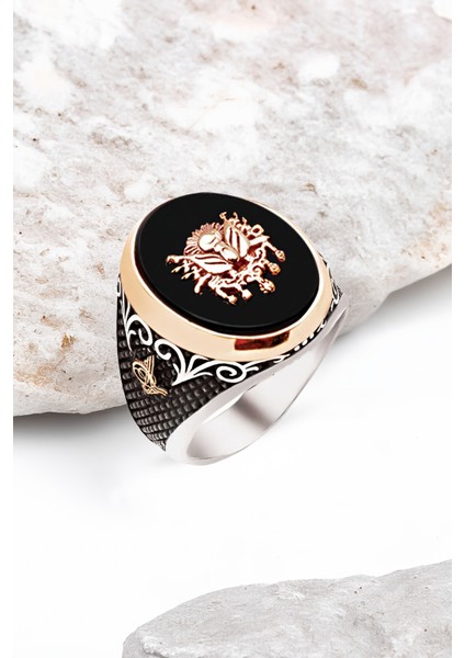 Gümüş Onix Taş Üzeri Osmanlı Armalı Erkek Yüzük