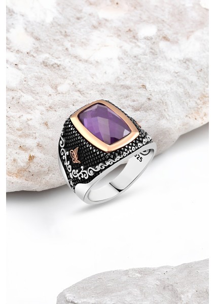Kesme Ametist Taşlı Gümüş Erkek Yüzük