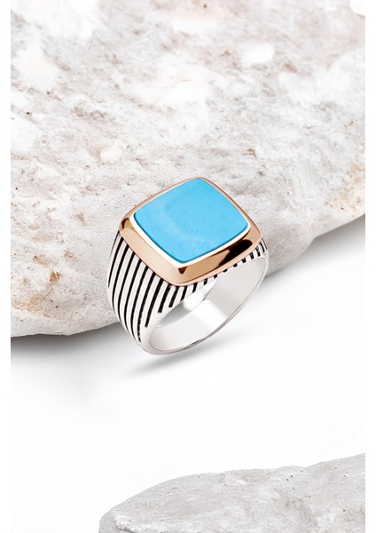 Gümüş Sıkma Turkuaz Taşlı Çizgili Kasalı Erkek Yüzük