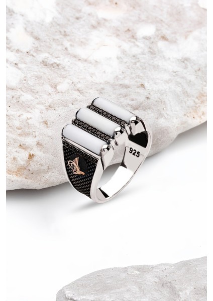 Gümüş 3 Parça Beyaz Onix Taşlı Kenarları Tuğralı Erkek Yüzük