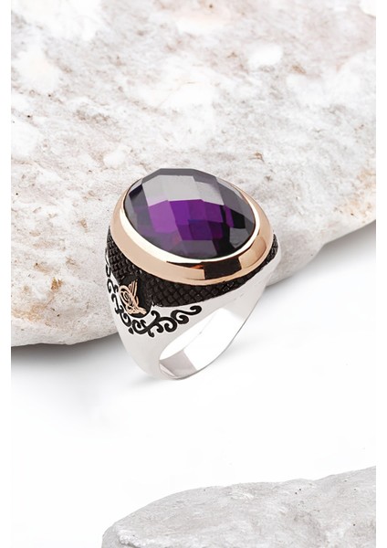 ​Gümüş Fasetli Ametist Taşlı Kenarları Osmanlı Tuğralı Erkek Yüzük