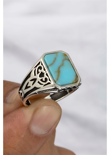 Firuze Taşlı Motifli Gümüş Serçe Parmak Erkek Yüzük