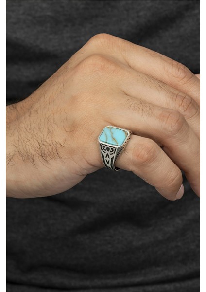 Firuze Taşlı Motifli Gümüş Serçe Parmak Erkek Yüzük fiyatları