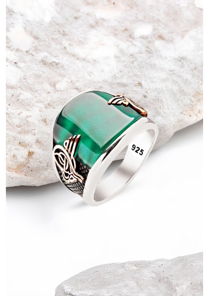 Gümüş Özel Kesim Yeşil Akik Taşlı Osmanlı Tuğralı Erkek Yüzük