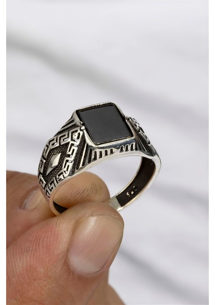 Kare Oniks Taşlı Grek Desenli Gümüş Serçe Parmak Erkek Yüzük