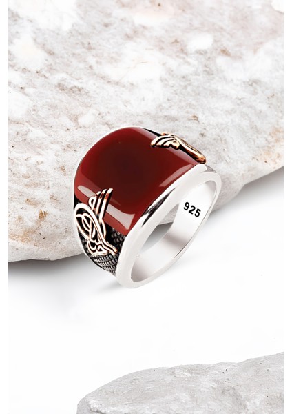 Gümüş Özel Kesim Akik Taşlı Osmanlı Tuğralı Erkek Yüzük