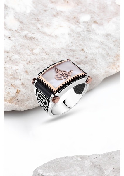 Beyaz Mine Üzeri Tuğra Gümüş Erkek Yüzük