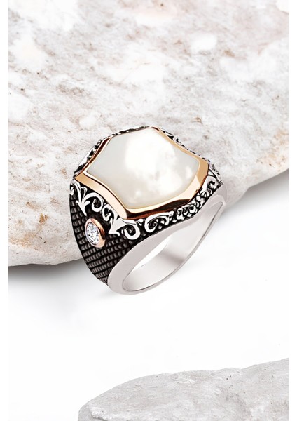Gümüş Özel Kesim Sedef Taşlı Erkek Yüzük