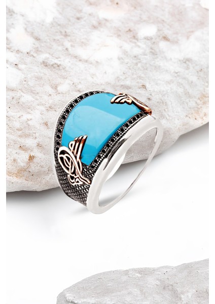 ​​Gümüş Özel Kesim Sıkma Turkuaz İşlemeli Erkek Yüzük