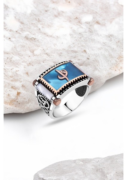 Turkuaz Mine Üzeri Elif-Vav Yanları Sedef Gümüş Erkek Yüzük