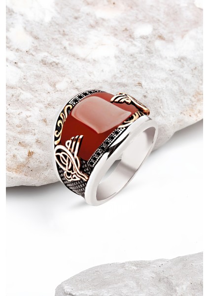 ​Gümüş Özel Kesim Akik Taşlı Osmanlı Armalı Erkek Yüzük