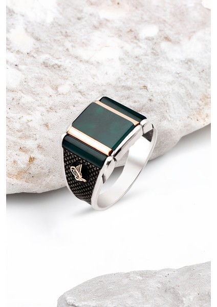 Gümüş Özel Kesim Yeşil Akik Taşlı Osmanlı Tuğralı Erkek Yüzük