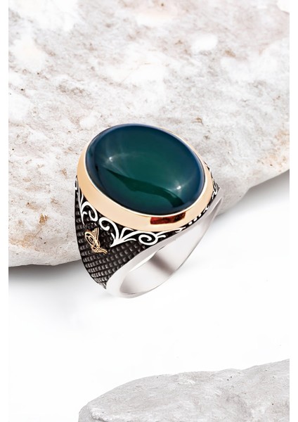 ​​​Gümüş Özel Kesim Yeşil Onix Taşlı Osmanlı Tuğralı Erkek Yüzük