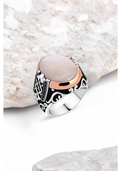 Düz Sedef Taş Kenarı Minik Siyah Zirkon Taşlı Gümüş Erkek Yüzük