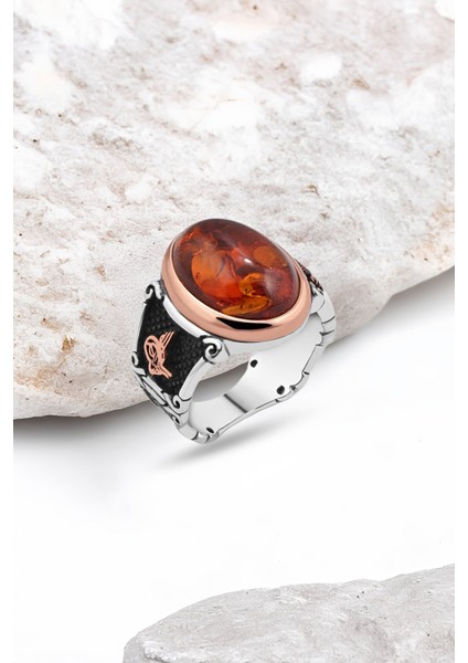 Sentetik Kehribar Gümüş Erkek Yüzük