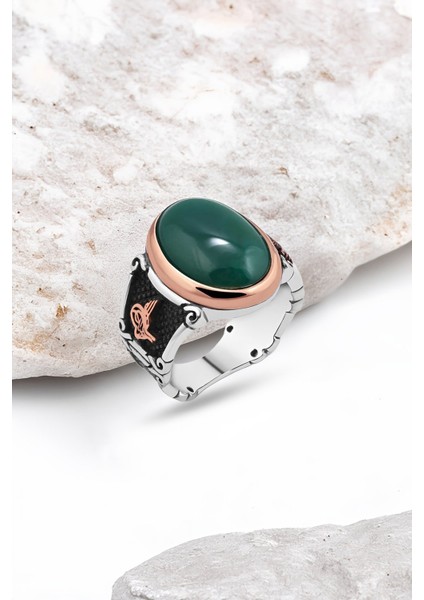 Kapşon Yeşil Akik Taşlı Gümüş Erkek Yüzük