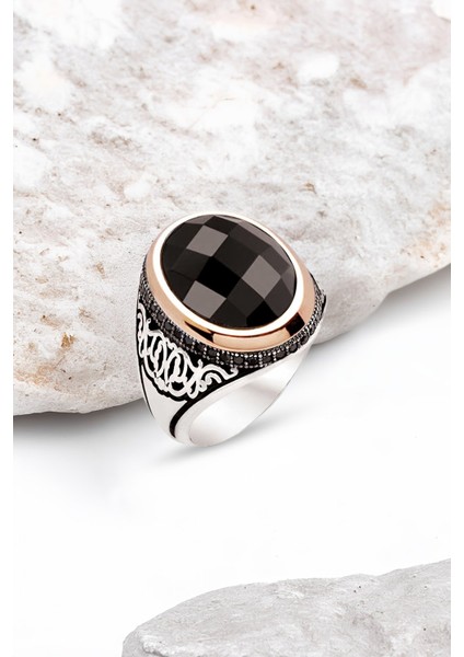 Gümüş Siyah Faset Taşlı Erkek Yüzük