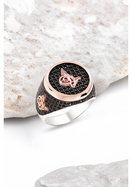 Gümüş Siyah Zirkon Taşlı İşlemeli Erkek Yüzük