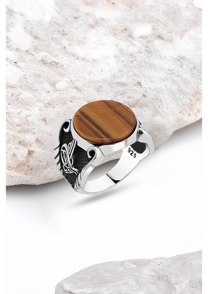 Düz Kaplan Gözü Taşlı Gümüş Erkek Yüzük