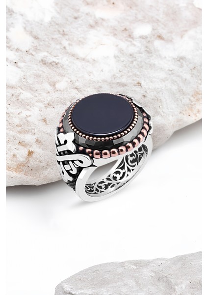 Düz Onix Taşlı Kenarı Çember Taşlı Gümüş Erkek Yüzük