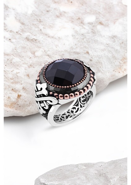 Kesme Zirkon Taşlı Kenarı Çember Taşlı Gümüş Erkek Yüzük